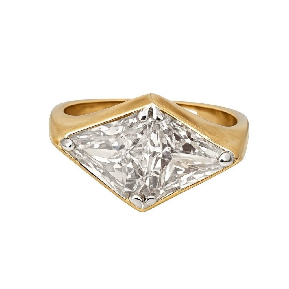 Vintage 1980s Cocktail Ring Size 6 CZ Two Stone Geometric 14KT Gold Plated - 14U